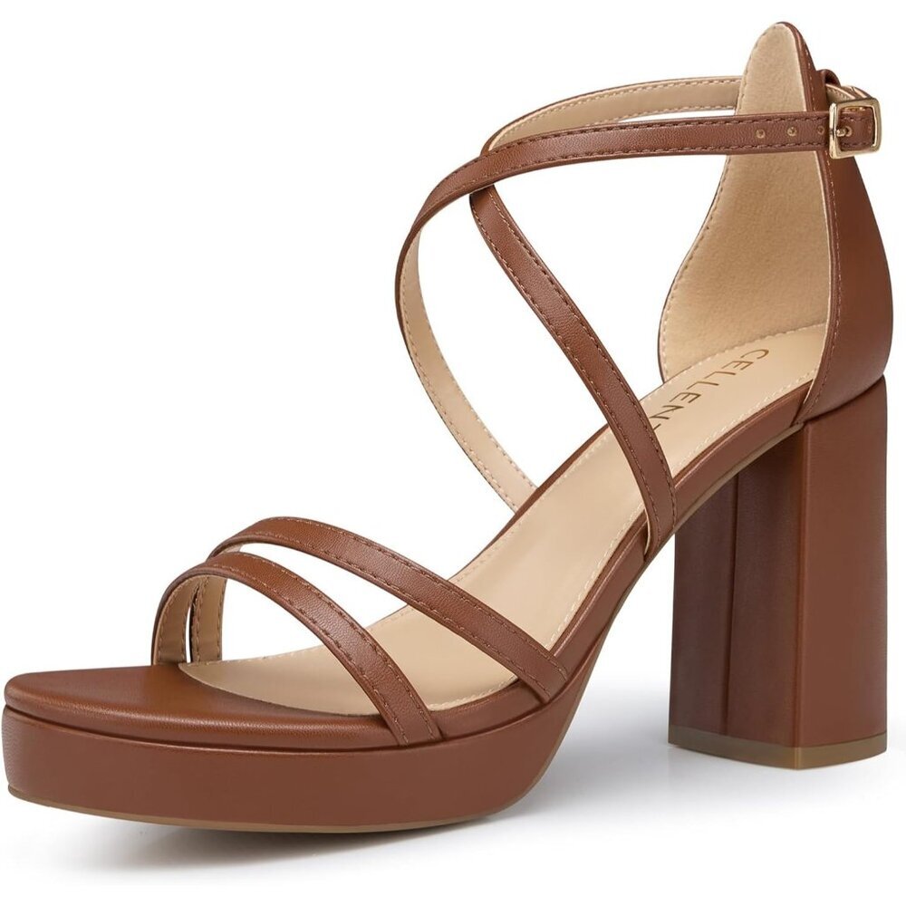 Women's Brown Sandal Stylish Comfortable Chunky Blocked Strappy Heel Shoe